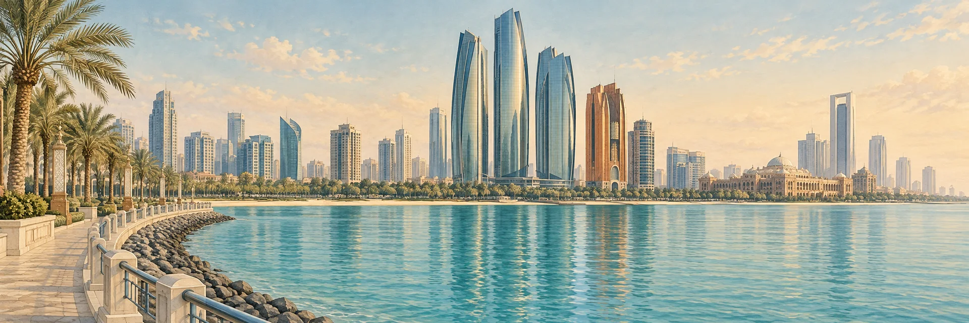 Architectural illustration inspired by Abu Dhabi's waterfront and Etihad Towers