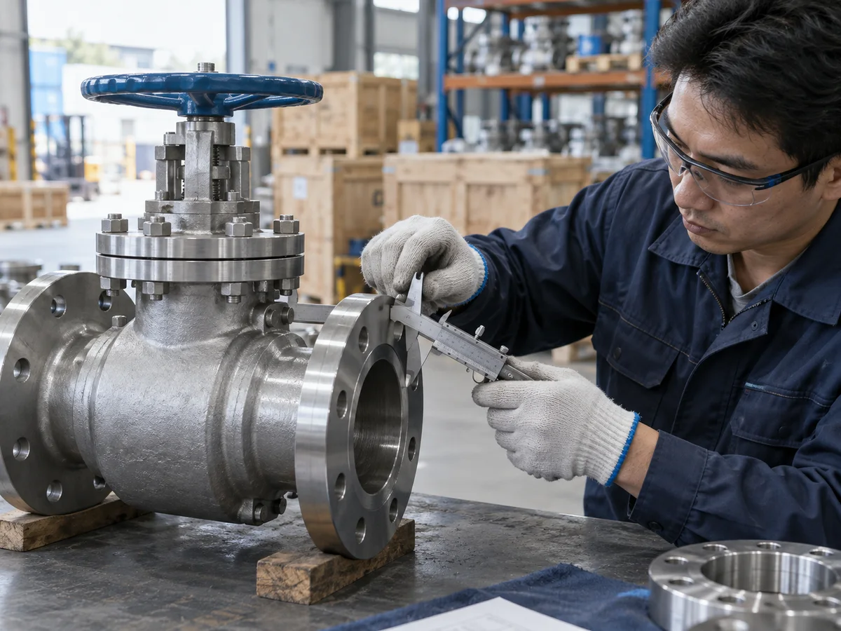 Illustrative scene of a technician measuring an industrial valve flange before dispatch