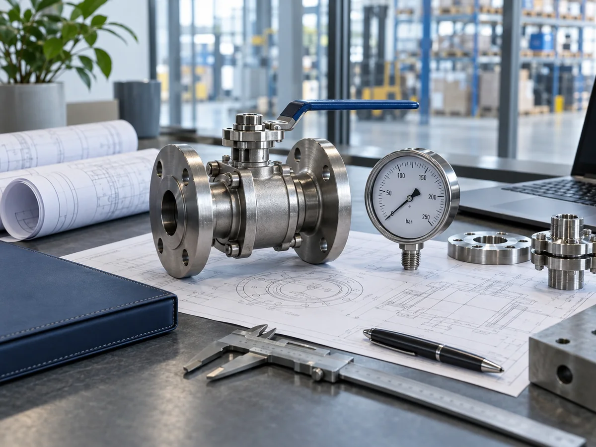 Illustrative technical sourcing desk with valve samples, a pressure gauge and engineering drawings