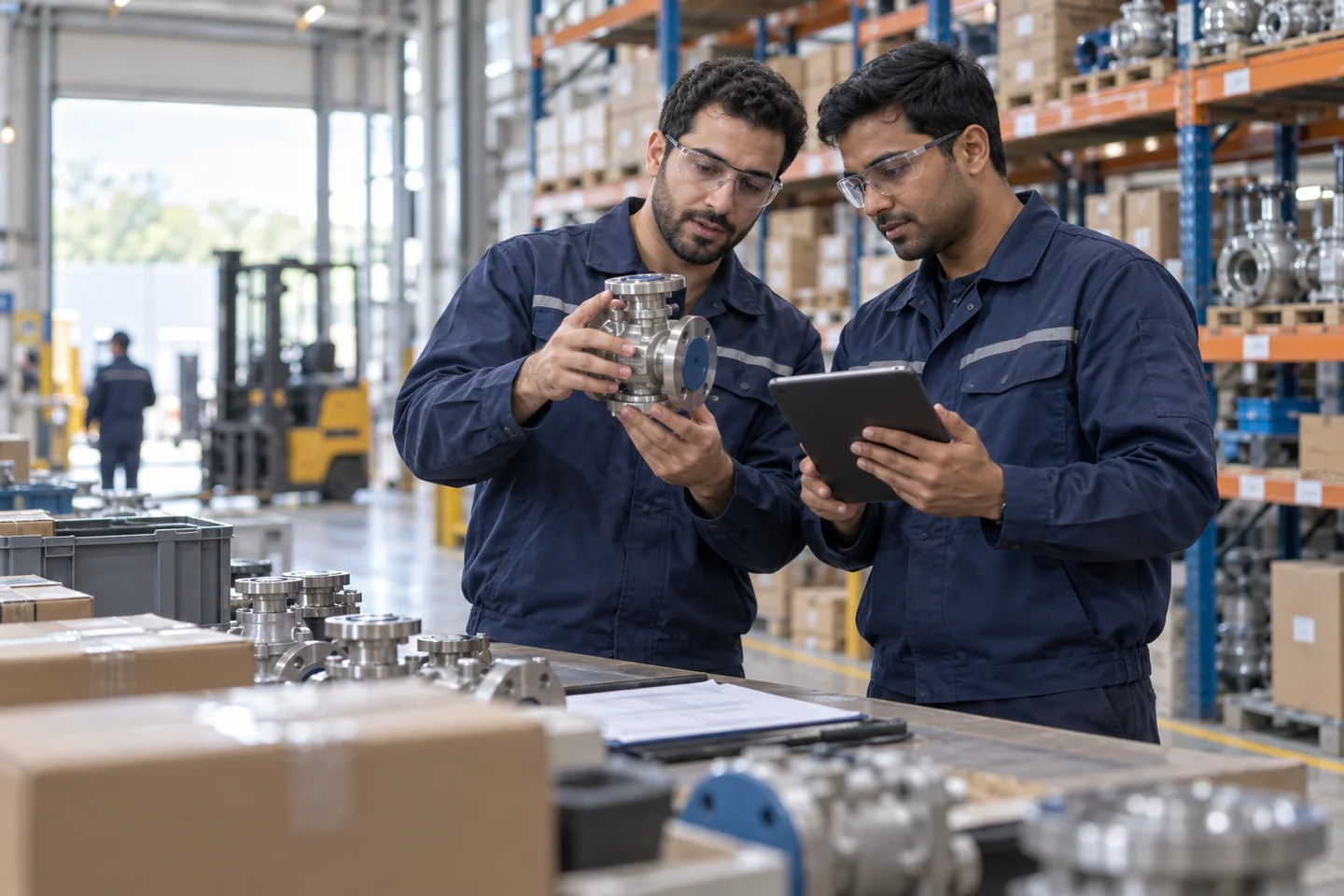 Illustrative scene of two professionals reviewing industrial equipment for supply